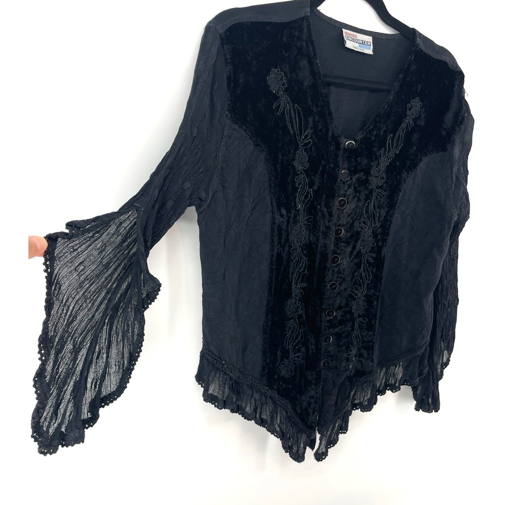 Vtg Top Jacket M Black Velvet Embroidered Ruffles Button Whimsigoth Edwardian